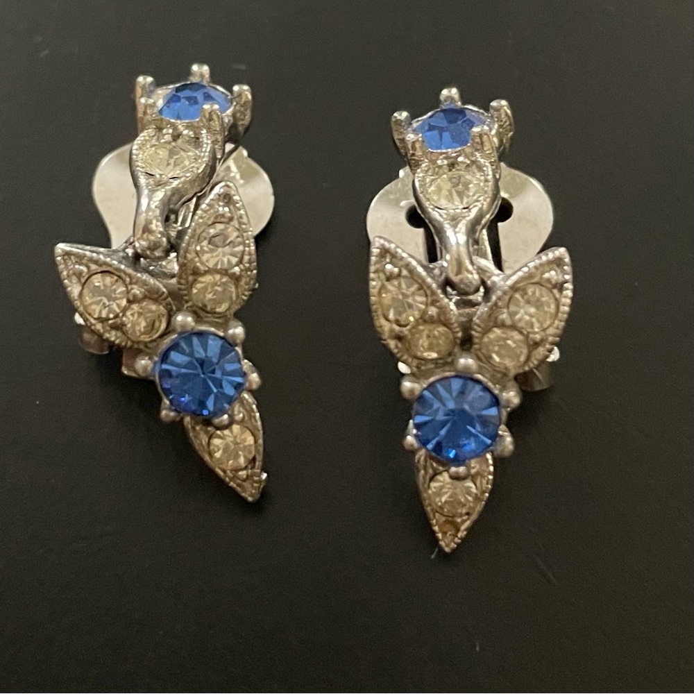 Vintage Bogoff clip earrings — Crystal + Blue Stones